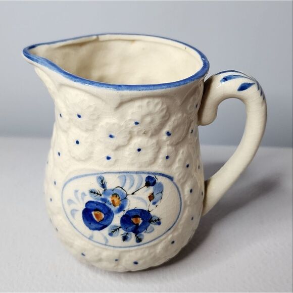 Small Pitcher or Creamer Hand Painted JAPAN Blue Flowers & Dots Embossed - Picture 3 of 7